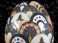 Featured in  Weranda Magazine Issue April 2012   Cranes and Fans Chiyogami Ukrainian Style Easter Egg Pysanky by So Jeo : Pysanky Pysanka Ukrainian Easter egg batik ukrainian easter art batik  eggshell kimono chiyogami washi origami fans cranes birds blooms gold leaf sojeo leblond artist art  poland polish magazine weranda design april 2012